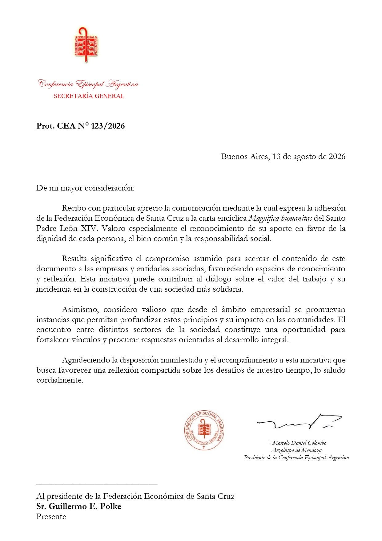 Nota recibida desde la conferencia episcopal argentina